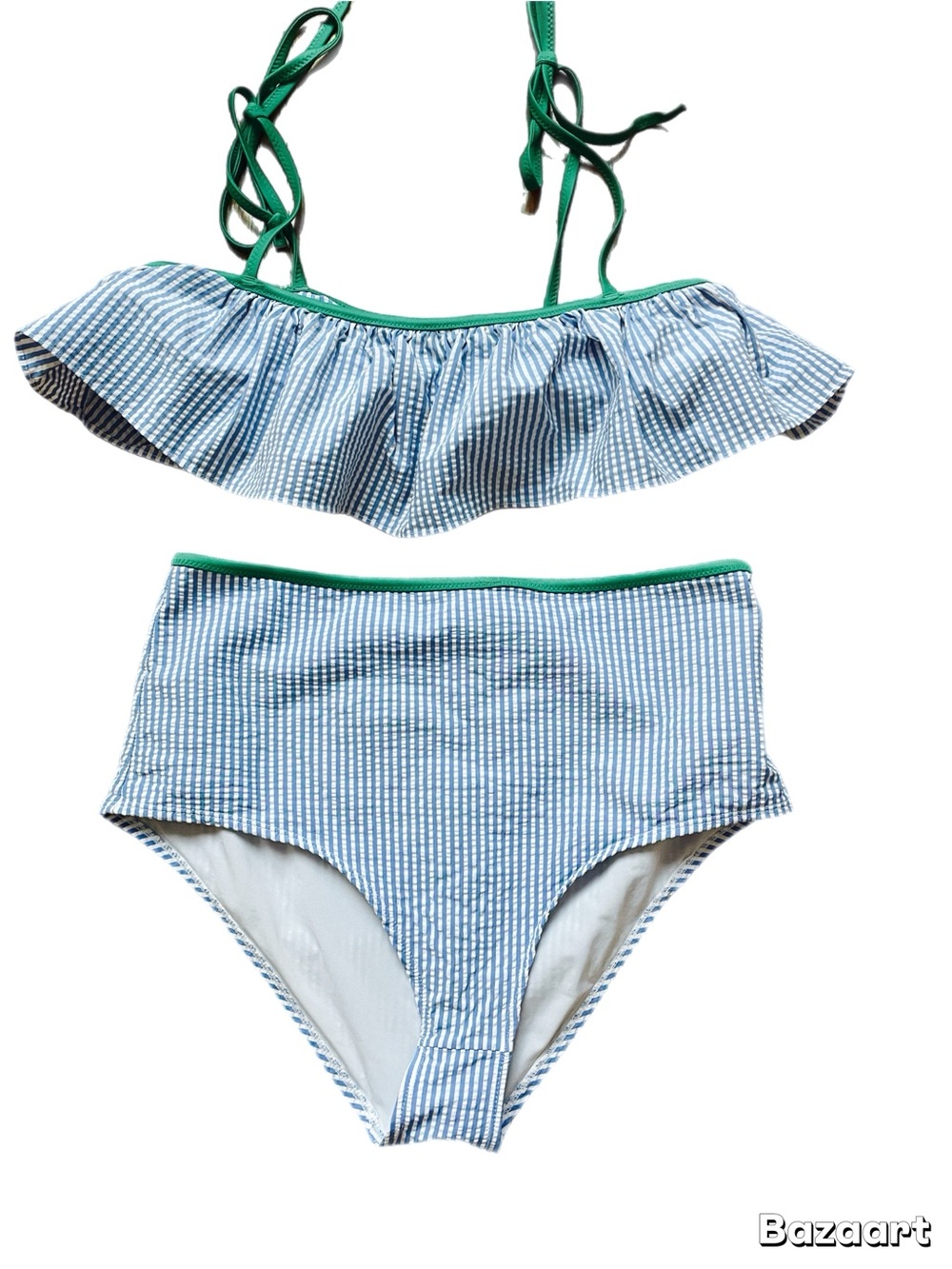 J. Crew Blue-and-White Striped Seersucker Ruffle Bikini with Green Trim L